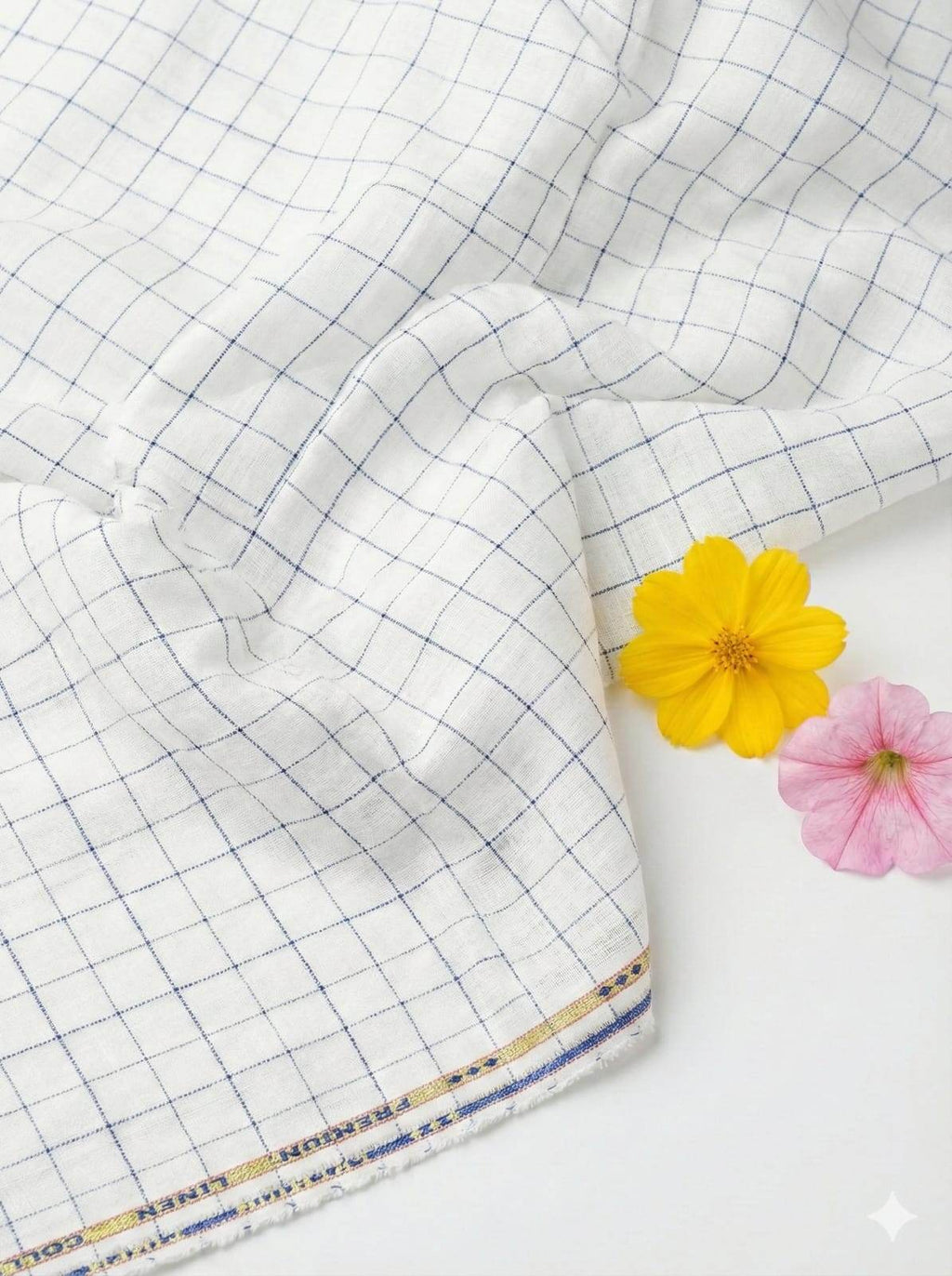 Off white Cotton Linen Fabric with Blue checks