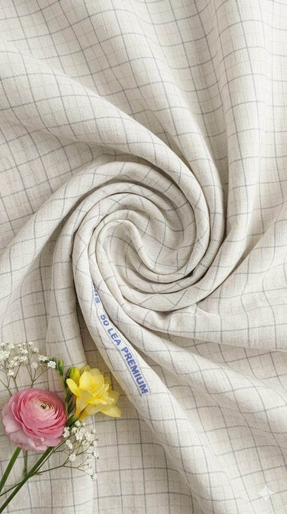 Off White(Beigish tone) with white and Beige Checks Premium Cotton Linen Fabric