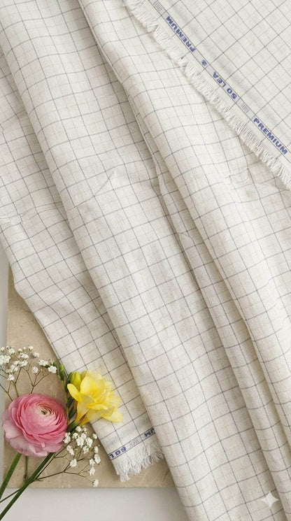 Off White(Beigish tone) with white and Beige Checks Premium Cotton Linen Fabric