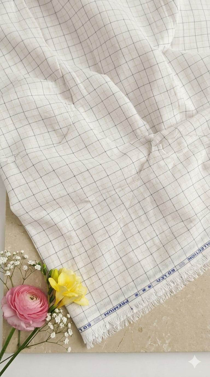 Off White(Beigish tone) with white and Beige Checks Premium Cotton Linen Fabric
