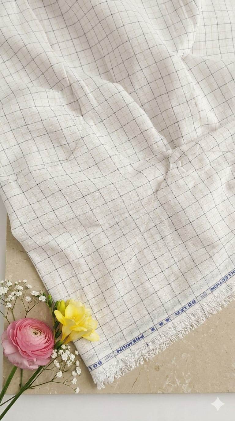 Off White(Beigish tone) with white and Beige Checks Premium Cotton Linen Fabric