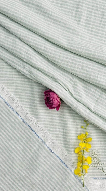 White with Pista Green strips premium Cotton Linen Fabric