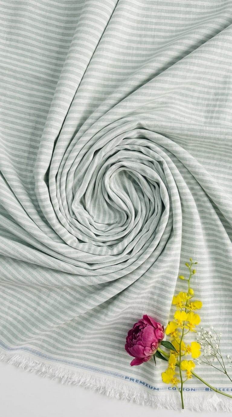 White with Pista Green strips premium Cotton Linen Fabric