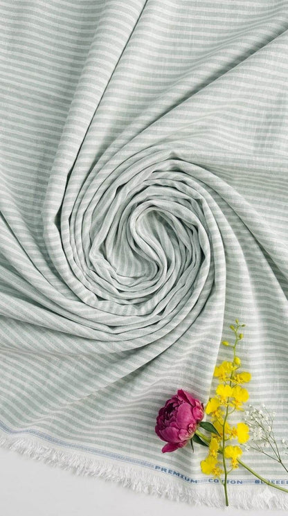 White with Pista Green strips premium Cotton Linen Fabric