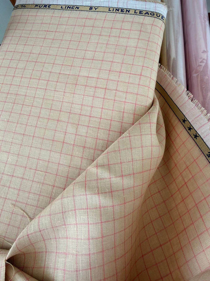 Beige On Pink Checks 100% Pure Natural Linen Fabric (0% Cotton)