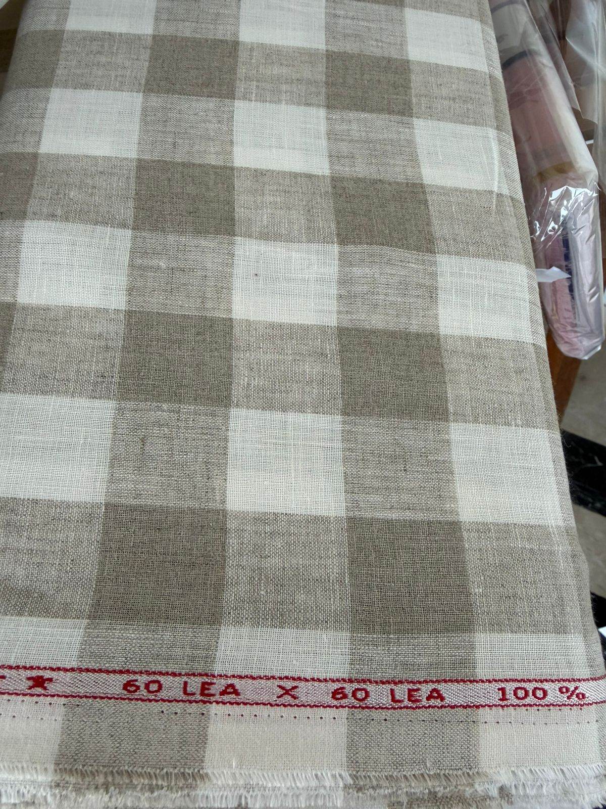 Natural Beige and off-white Big checks Pure 100 % Linen(0% cotton)
