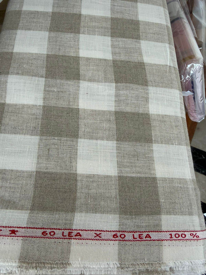 Natural Beige and off-white Big checks Pure 100 % Linen(0% cotton)
