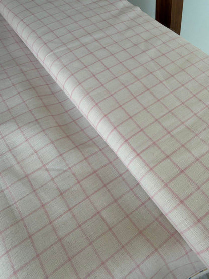 White On Pink Checks 100% Pure Natural Linen Fabric (0% Cotton)