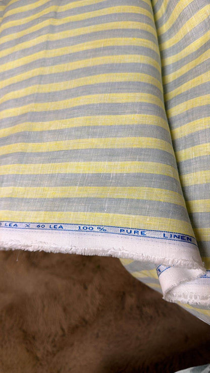 Lemon yellow  and Slate Grey Striped 100% Pure Linen (No Cotton)