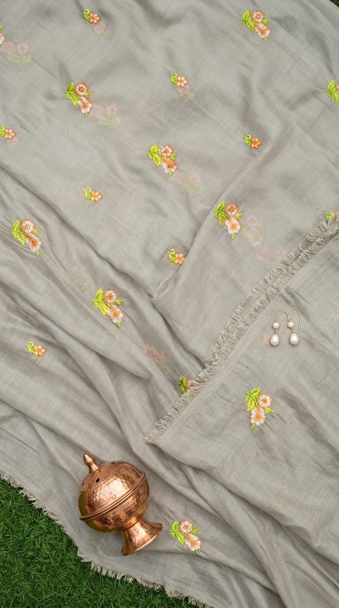 Ethereal Grey Mul Chanderi Embroidered with Vibrant Floral Motif Big Width Fabric