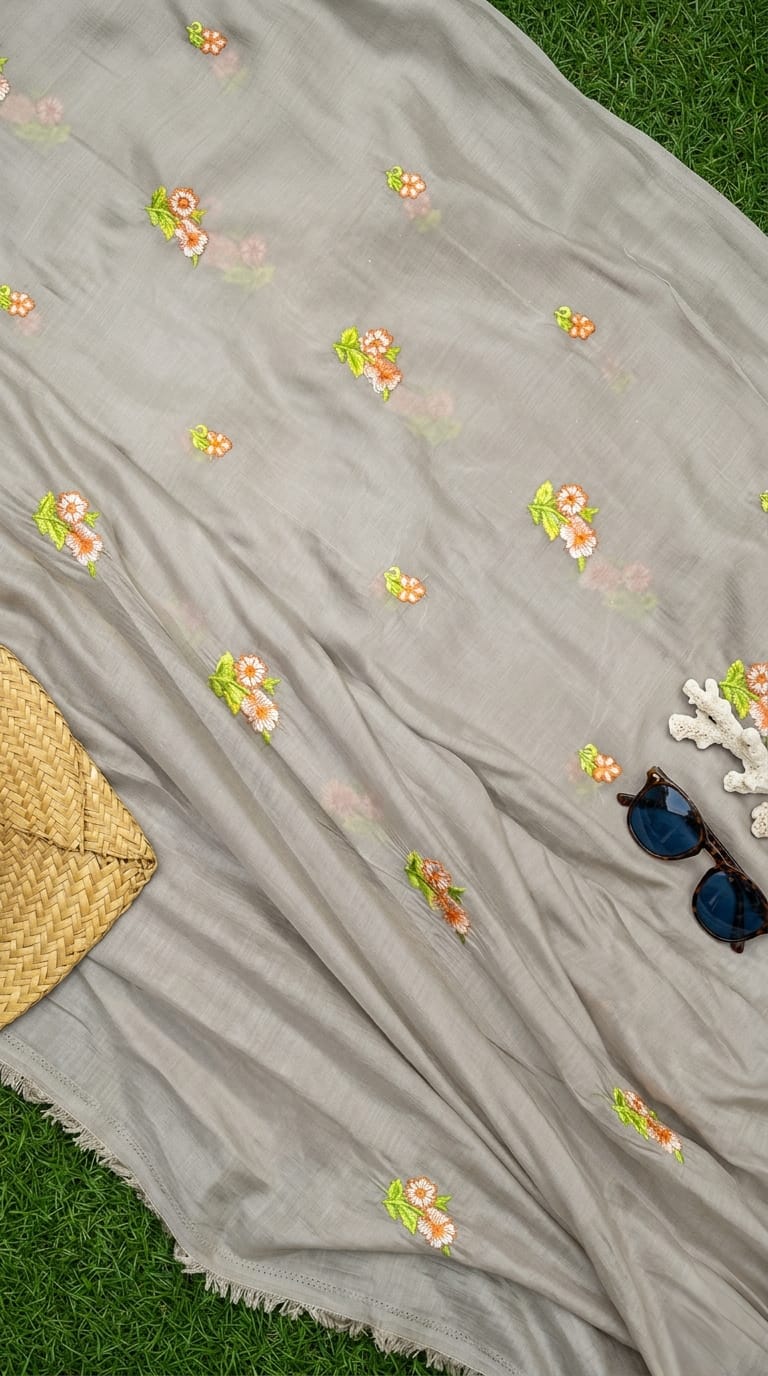 Ethereal Grey Mul Chanderi Embroidered with Vibrant Floral Motif Big Width Fabric