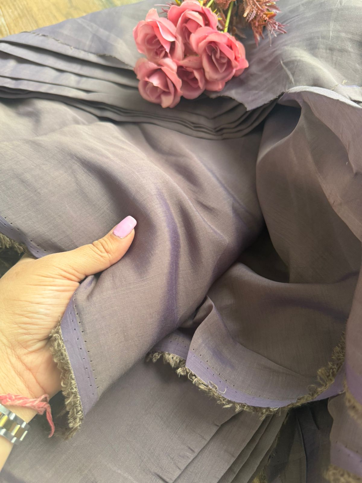 Luxe Two-Tone Mul Chanderi Silk Fabric – Ethereal Mauve & Grey(Big Width)
