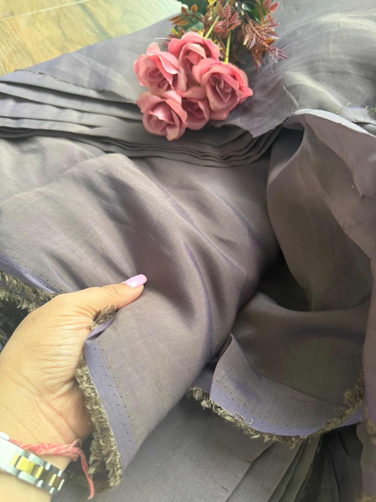 Luxe Two-Tone Mul Chanderi Silk Fabric – Ethereal Mauve & Grey(Big Width)
