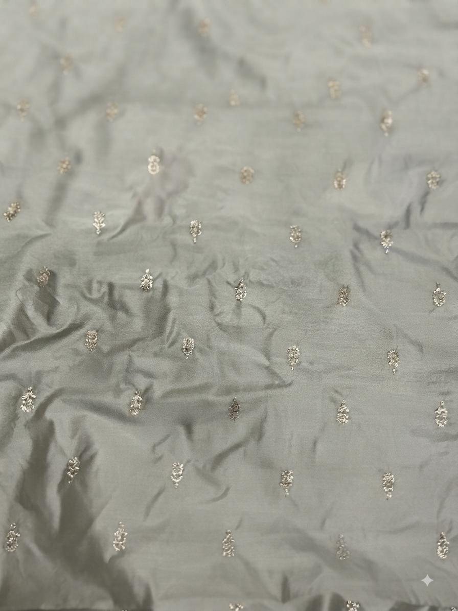 Golden Glitter Thread Embroidered Motifs on Pastel Olive Green Malai Chanderi Silk Fabric