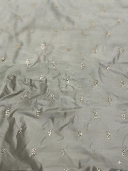 Golden Glitter Thread Embroidered Motifs on Pastel Olive Green Malai Chanderi Silk Fabric