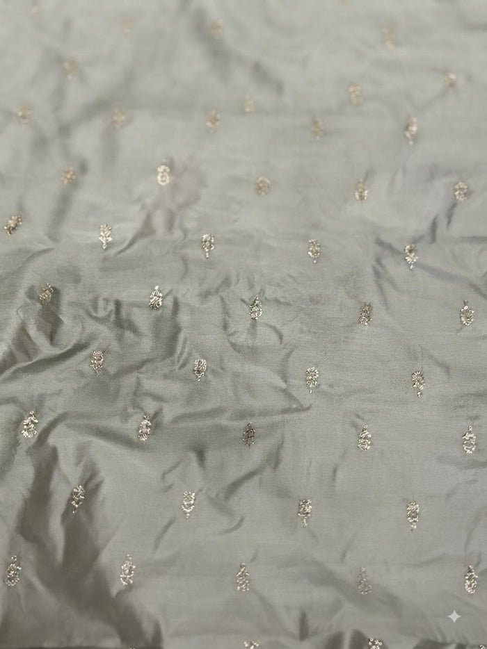 Golden Glitter Thread Embroidered Motifs on Pastel Olive Green Malai Chanderi Silk Fabric