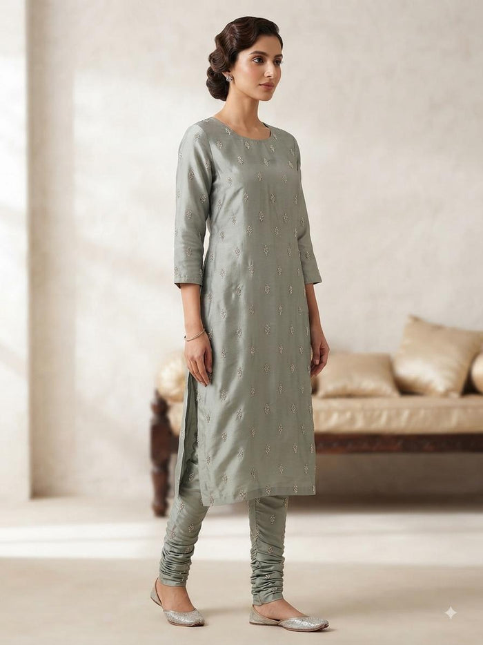 Golden Glitter Thread Embroidered Motifs on Pastel Olive Green Malai Chanderi Silk Fabric