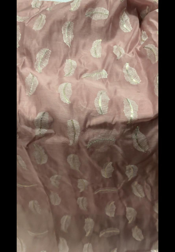 Blush Pink chanderi Fabric with white Leaf & Golden Sequence Motif Embroidery