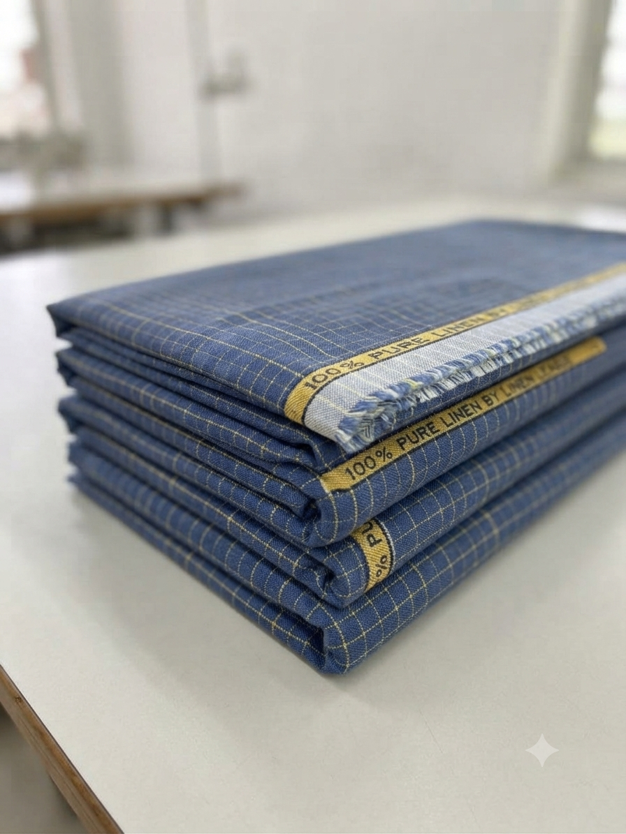 Royal Navy & Mustard Grid Check 100% Pure 60 Lea Linen Fabric - folded fabric detail