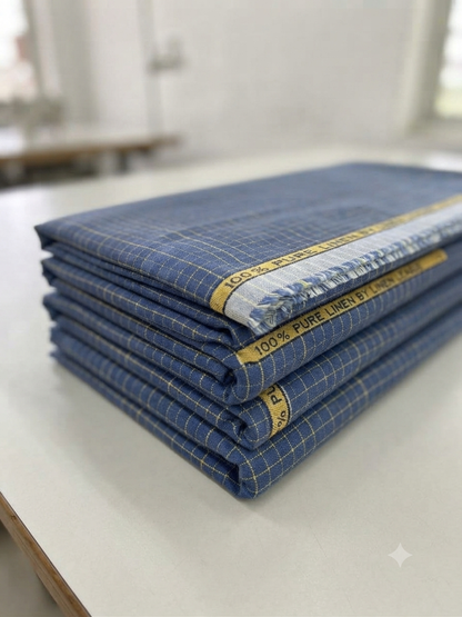 Royal Navy & Mustard Grid Check 100% Pure 60 Lea Linen Fabric - folded fabric detail