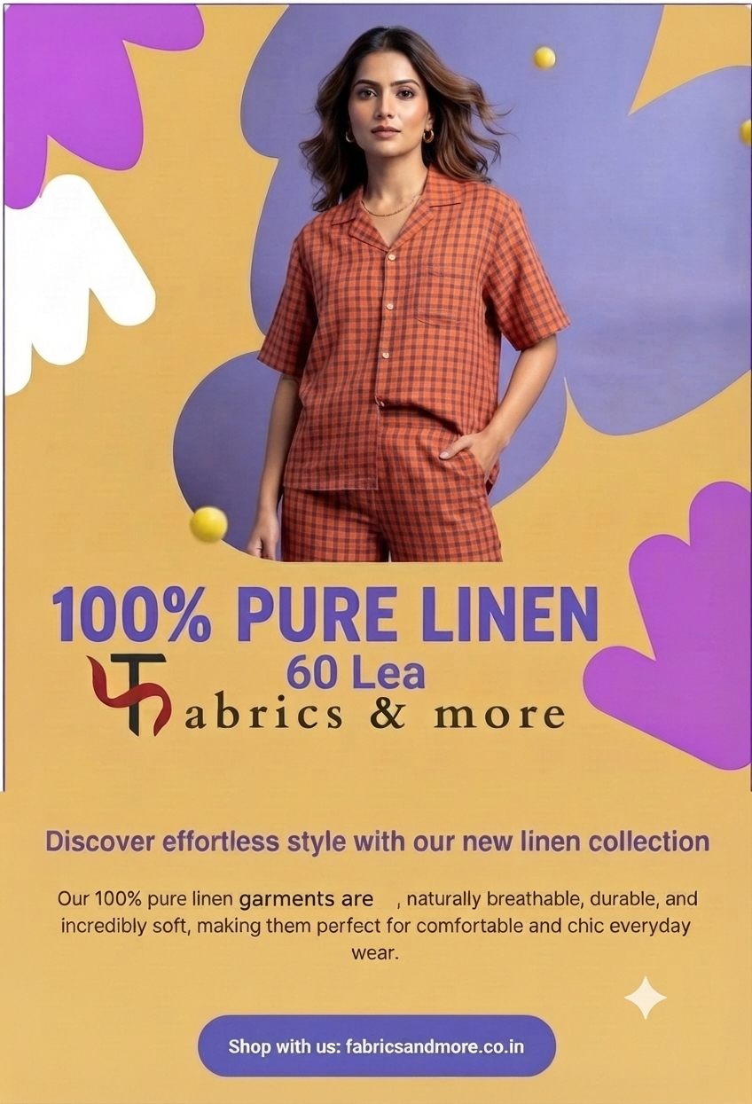 Premium Orange & Purple Check 100% Pure Linen Fabric – 60 Lea (0% Cotton)