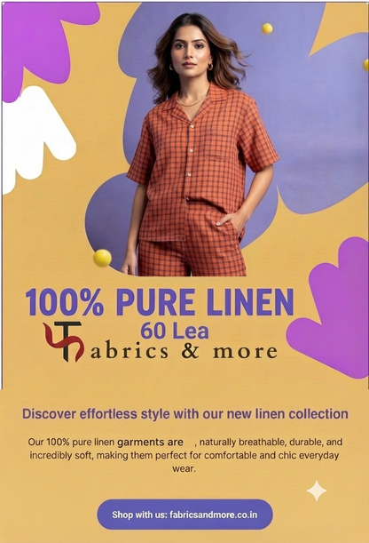 Premium Orange & Purple Check 100% Pure Linen Fabric – 60 Lea (0% Cotton)