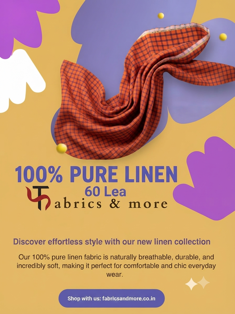 Premium Orange & Purple Check 100% Pure Linen Fabric – 60 Lea (0% Cotton)
