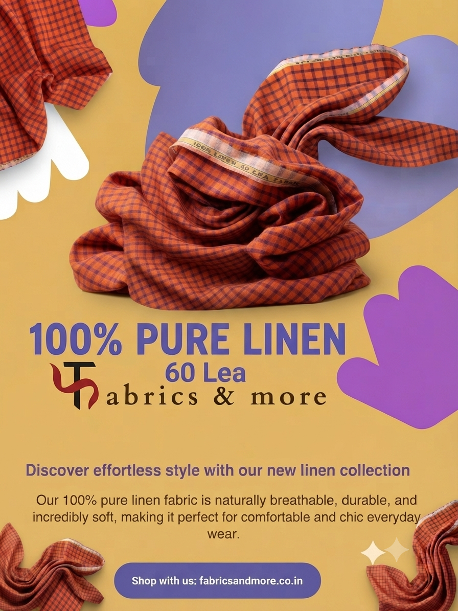 Premium Orange & Purple Check 100% Pure Linen Fabric – 60 Lea (0% Cotton)