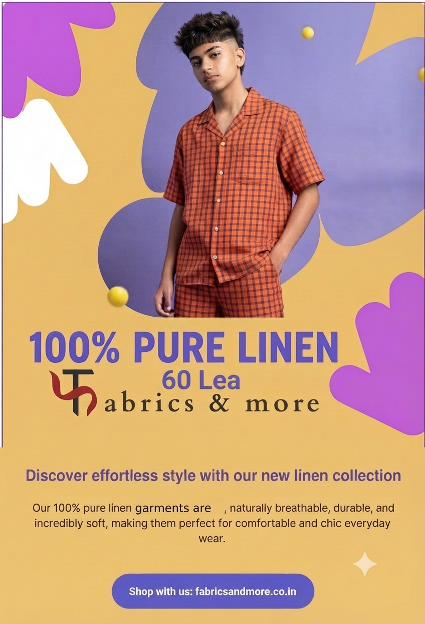 Premium Orange & Purple Check 100% Pure Linen Fabric – 60 Lea (0% Cotton)