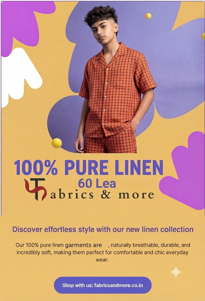 Premium Orange & Purple Check 100% Pure Linen Fabric – 60 Lea (0% Cotton)
