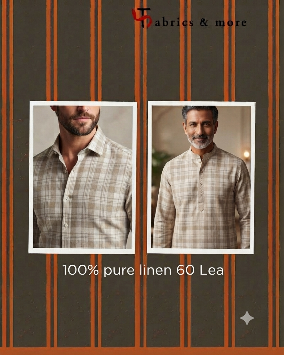 Premium Natural Plaid 100% Pure Linen Fabric – 60 Lea(0% Cotton)