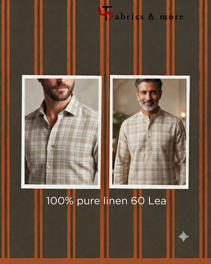 Premium Natural Plaid 100% Pure Linen Fabric – 60 Lea(0% Cotton)