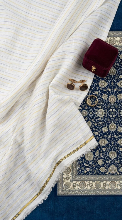 Premium White 100% Pure Linen 60 Lea Stripe Fabric – Yellow & Blue Pinstripes (0% Cotton)