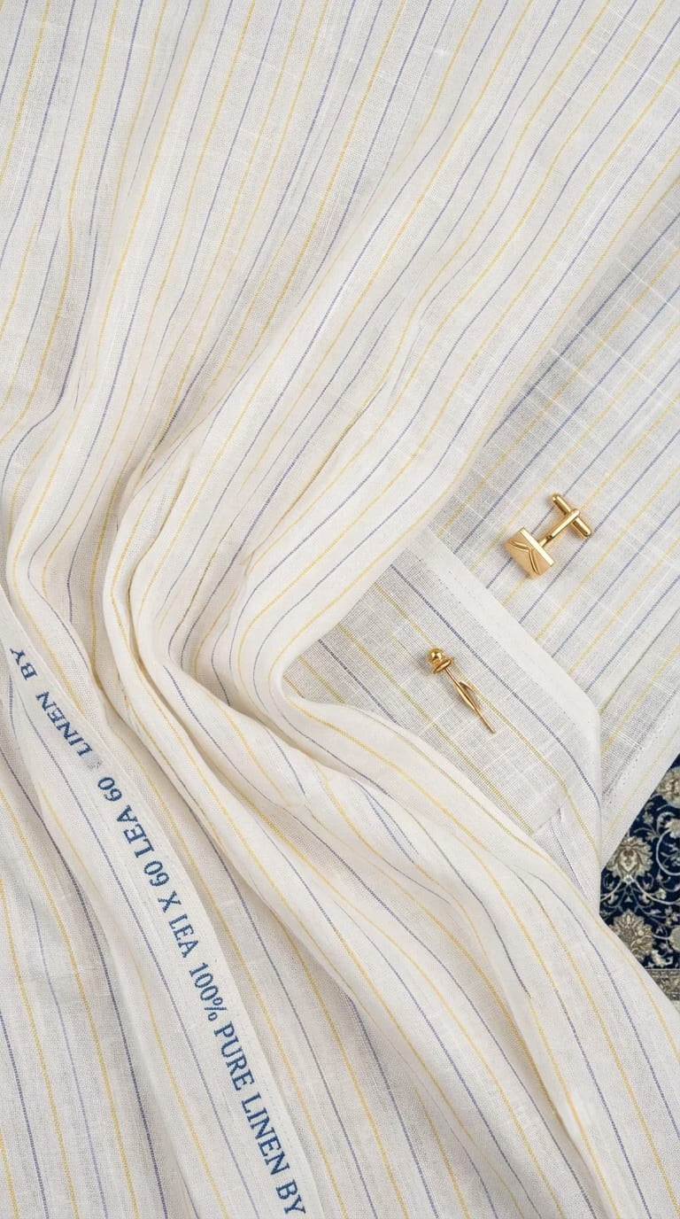 Premium White 100% Pure Linen 60 Lea Stripe Fabric – Yellow & Blue Pinstripes (0% Cotton)