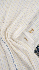Premium White 100% Pure Linen 60 Lea Stripe Fabric – Yellow & Blue Pinstripes (0% Cotton)