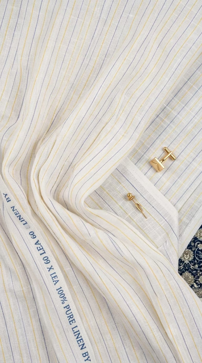 Premium White 100% Pure Linen 60 Lea Stripe Fabric – Yellow & Blue Pinstripes (0% Cotton)