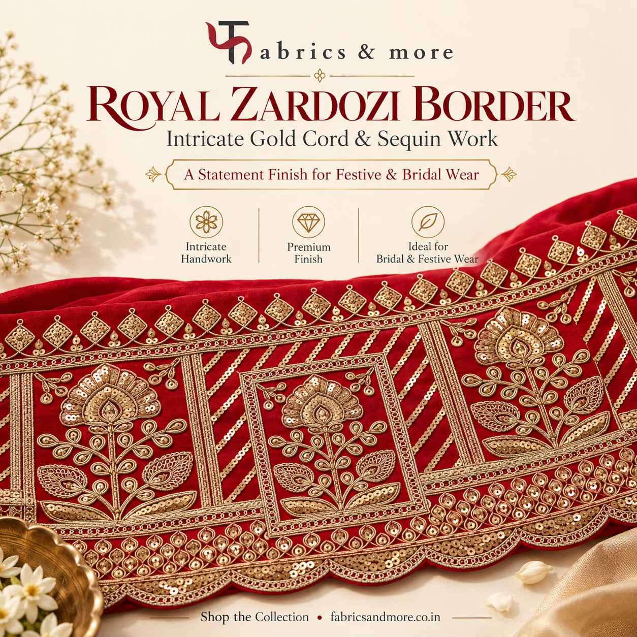 Heavy Light Golden Embroidered Border on Red Mul Chanderi Fabric – 6.5 Inches