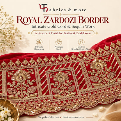 Heavy Light Golden Embroidered Border on Red Mul Chanderi Fabric – 6.5 Inches