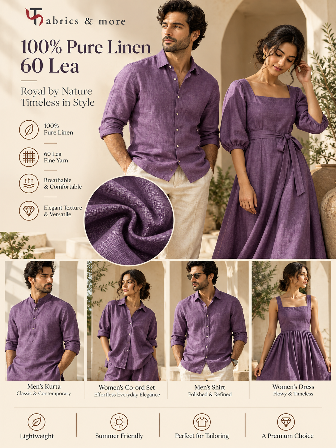 Premium Mauve Purple 100% Pure Linen Fabric-60 Lea (No Cotton)

Naturally Luxurious. Elegantly Textured. Timelessly Sophisticated.