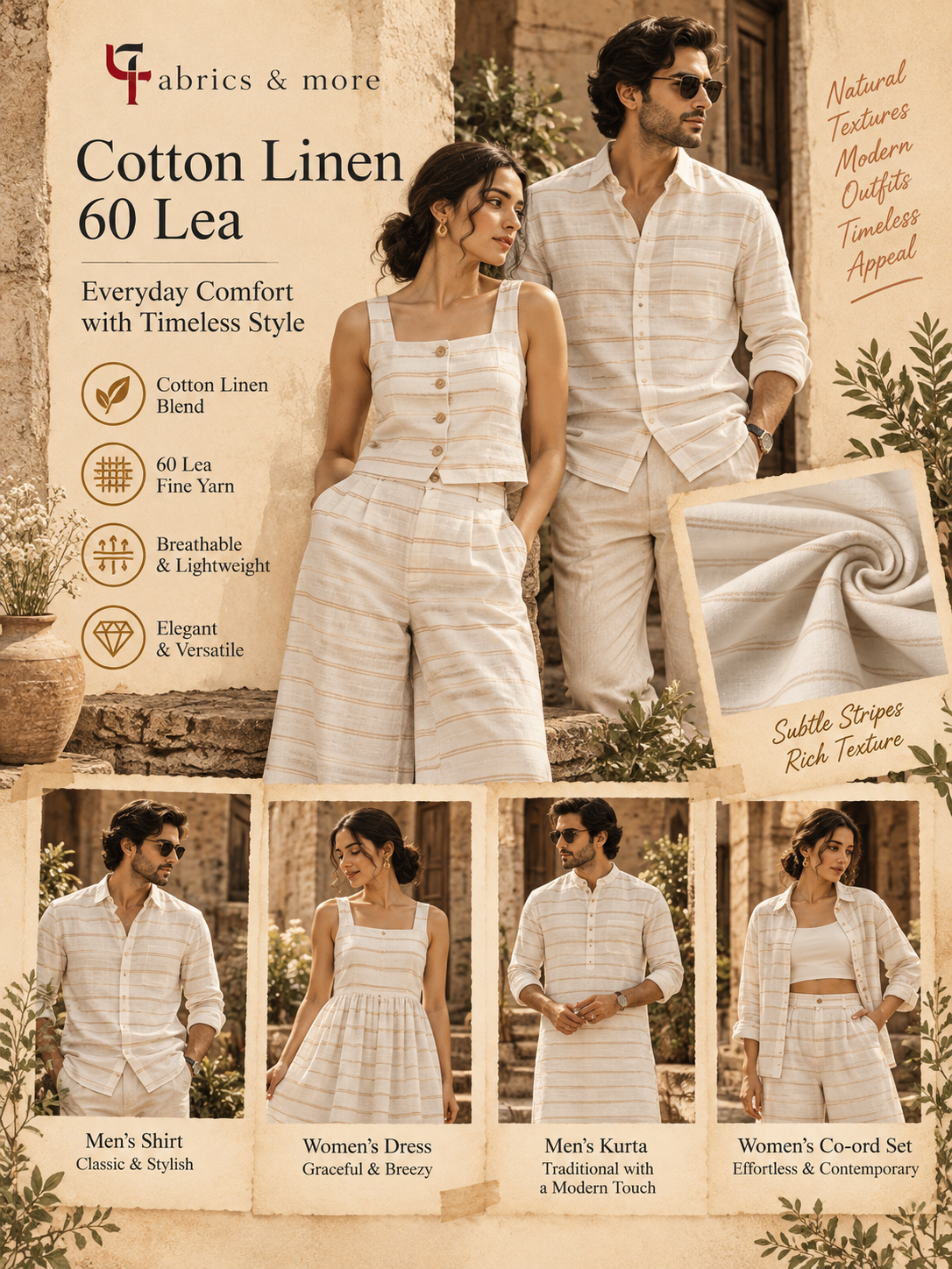Premium Cotton Linen 60 Lea – Ivory Beige Stripes