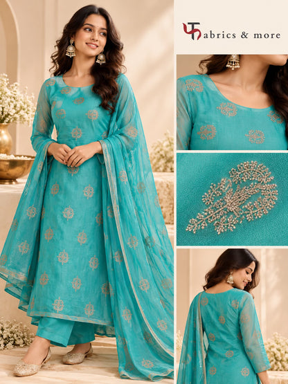 Turquoise Chanderi Fabric with Light Golden Dori Embroidery