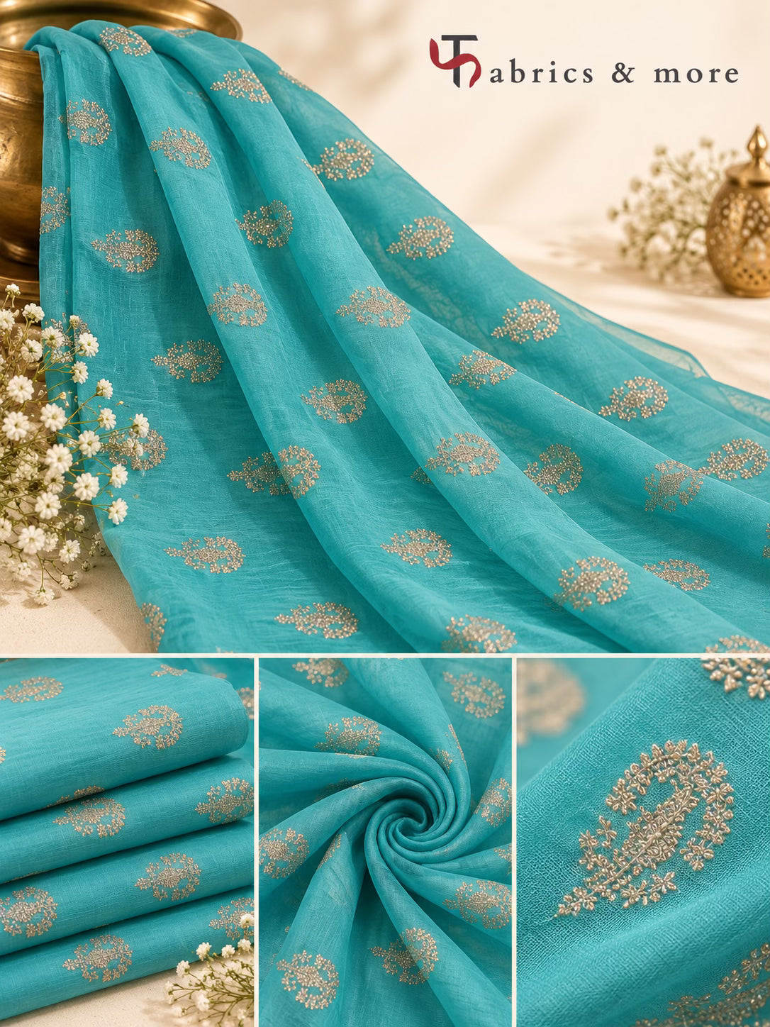Turquoise Chanderi Fabric with Light Golden Dori Embroidery