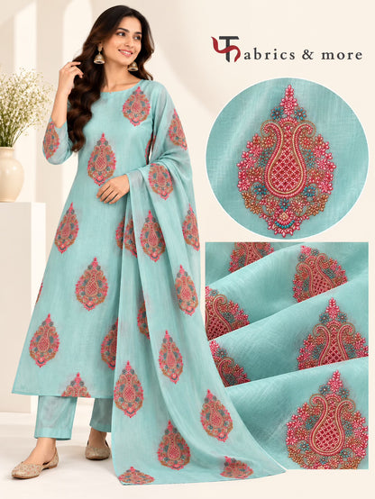 Kashmiri Butta Embroidered Chanderi Fabric Mint Blue Base
