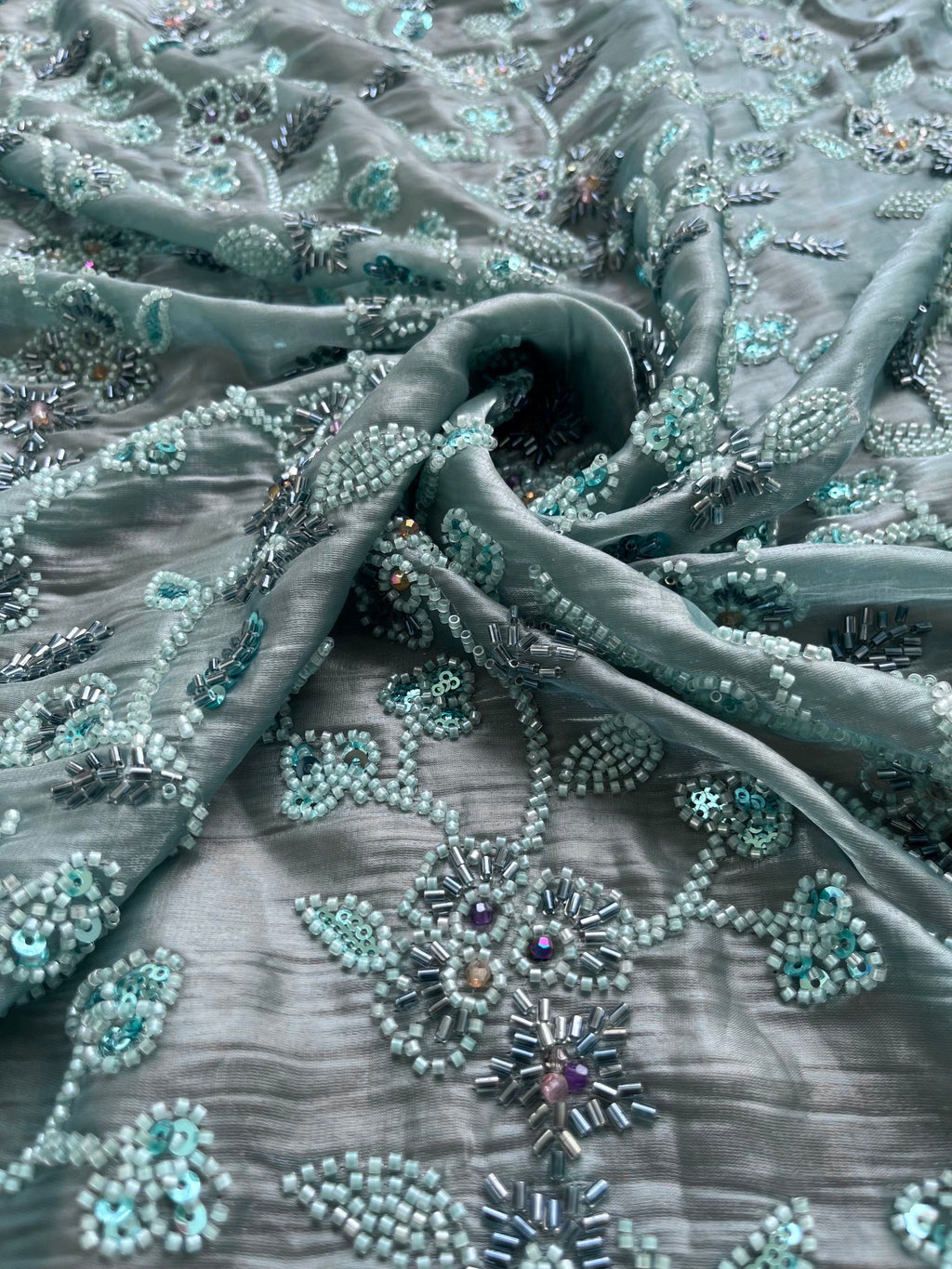 Sapphire Blue  Cutdana Handwork Fendi fabric