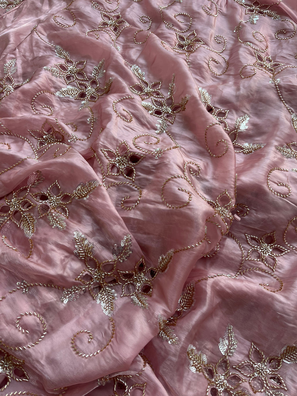 Pink Jimmy-Choo Fabric with Light Golden Beads, Cutwork and lots of Cutdana Handwork