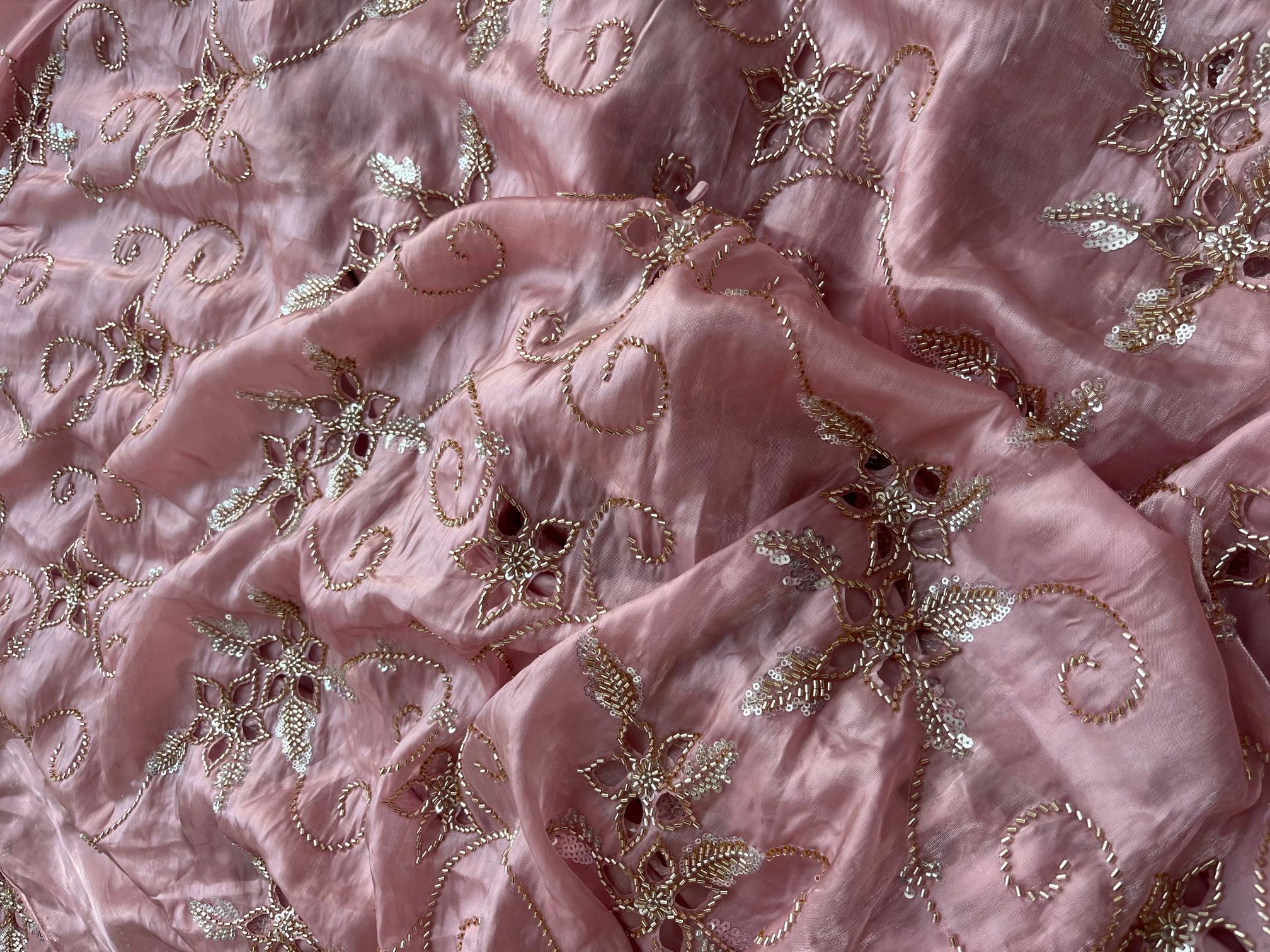 Pink Jimmy-Choo Fabric with Light Golden Beads, Cutwork and lots of Cutdana Handwork