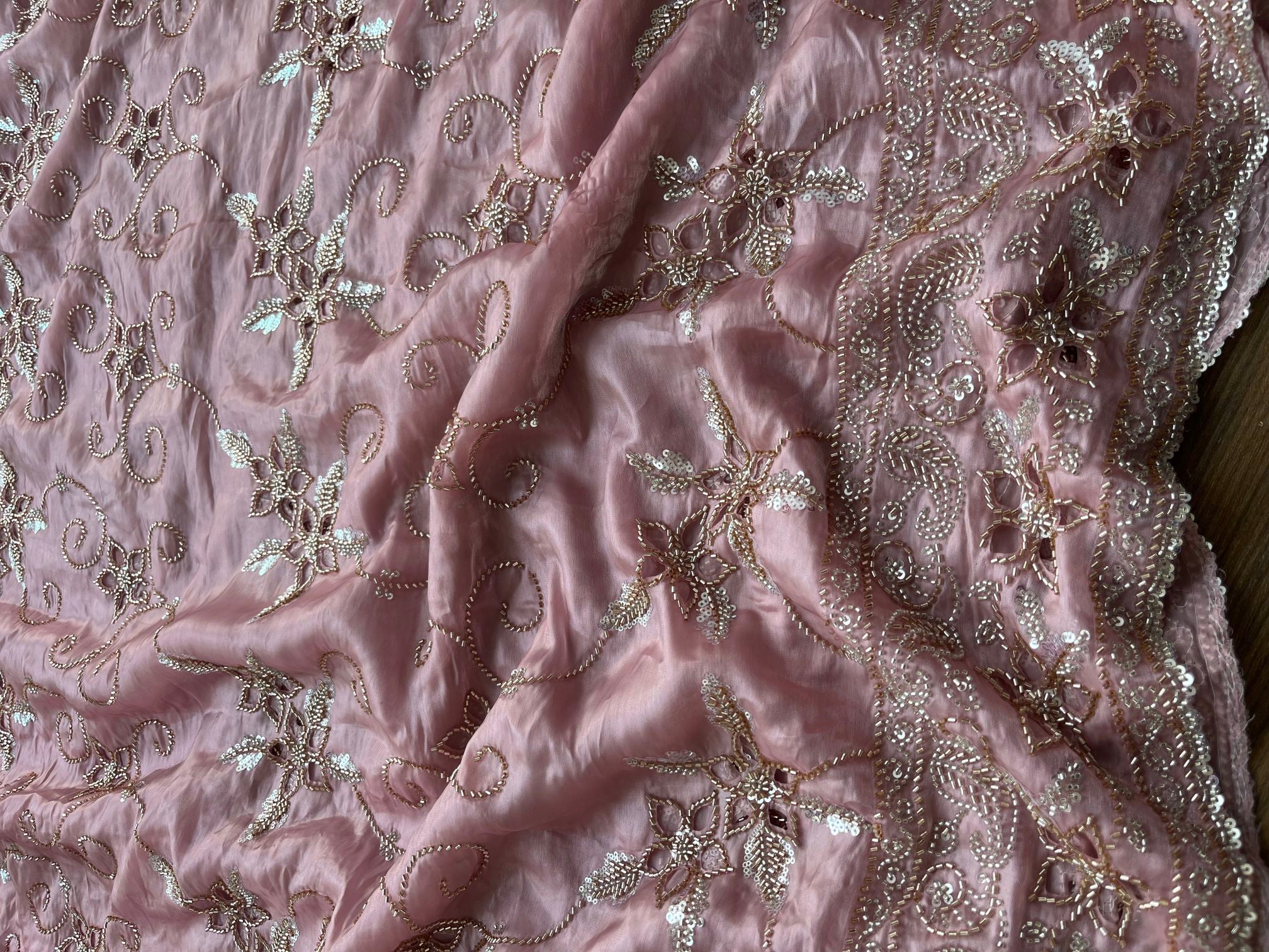 Pink Jimmy-Choo Fabric with Light Golden Beads, Cutwork and lots of Cutdana Handwork