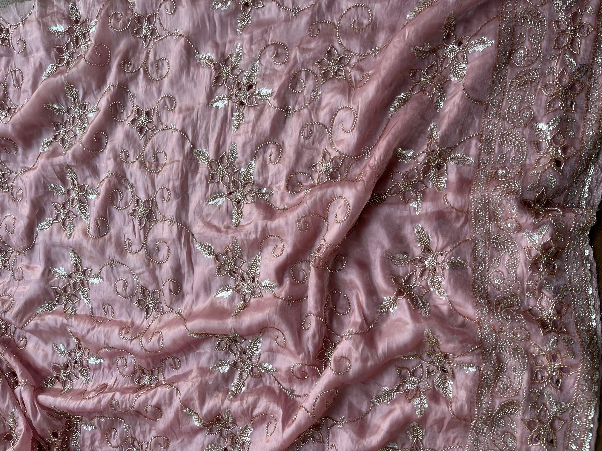 Pink Jimmy-Choo Fabric with Light Golden Beads, Cutwork and lots of Cutdana Handwork