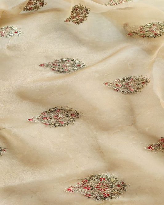 Golden Motifs Kashmiri Embroidered Organza Fabric