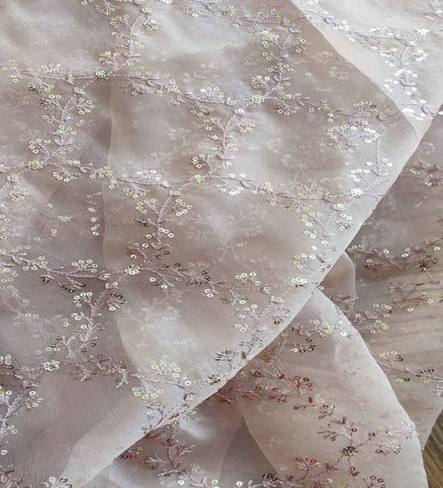 Light brown traditional thread and sequins organza fabric